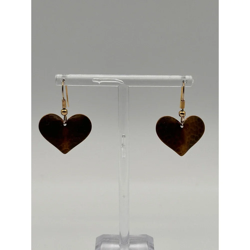 Hammered Copper Heart Drop Earrings Rustic Boho Dangle Gold Tone Hooks